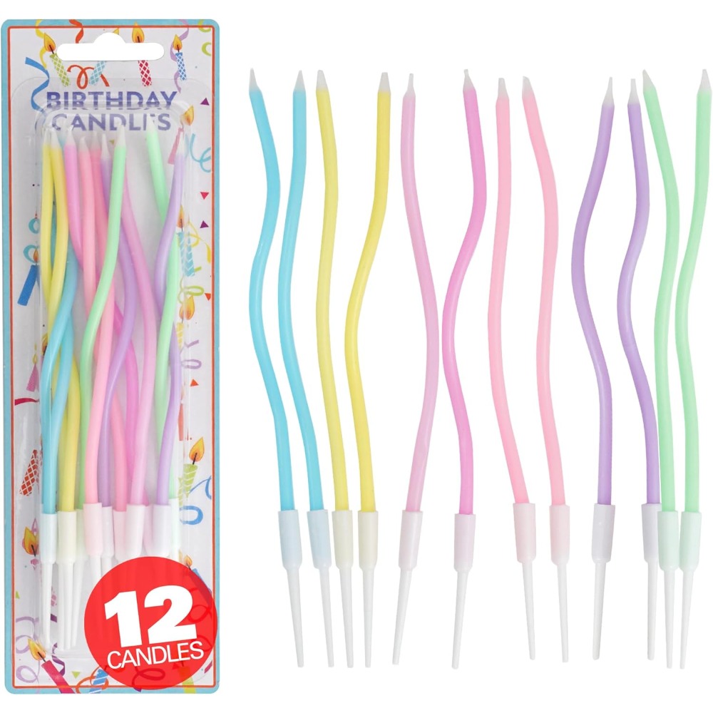 Candle Holder Set - ชุดเทียนวันเกิดลายเกลียวสีรุ้ง 12 ชิ้น พร้อมฐานวาง สีพาสเทล สำหรับตกแต่งงานปาร์ตี้และเบเกอรี่